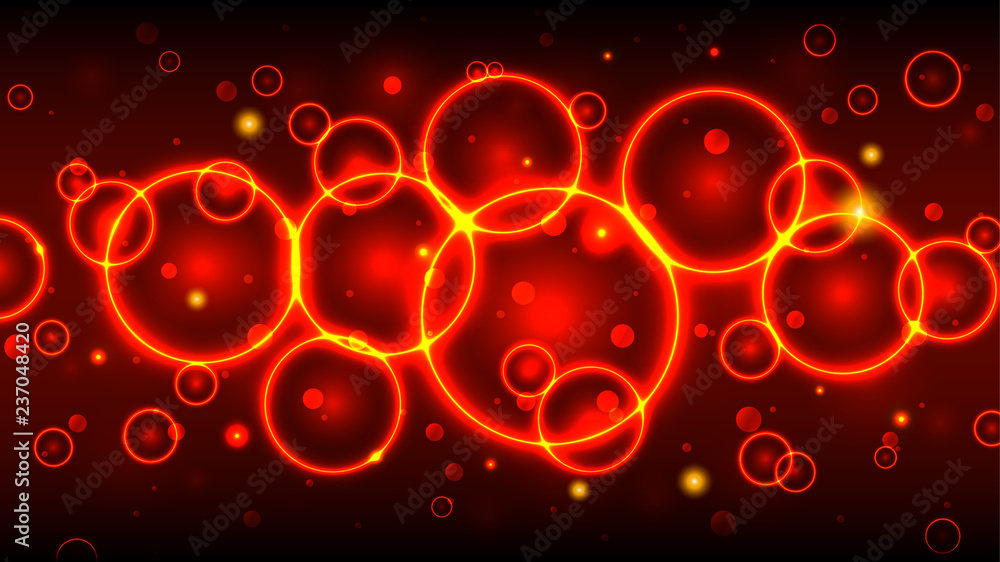 Poster red hot circles, abstract background with bubbles and bokeh
