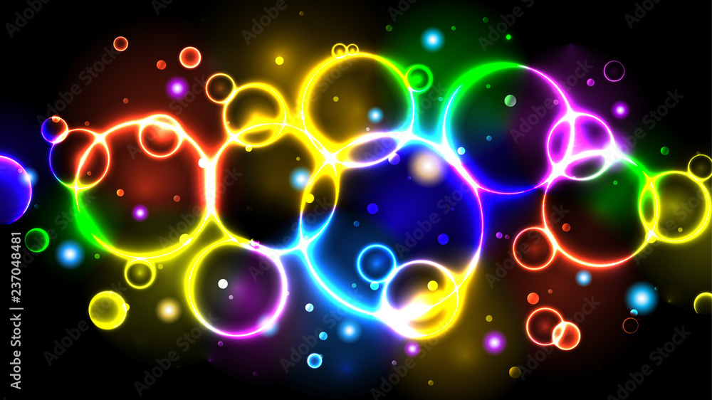 Poster rainbow neon color bright bubbles, abstract multicolor background with circles, sparkles and bokeh