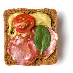 Canape with salami. Open faced sandwich crostini isolated on white background closeup. Top view. Flat lay. Appetizer tartarine.