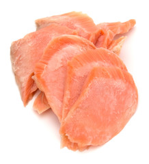 smoked salmon segments isolated on white background cutout. Prepared fish fillet fibres.