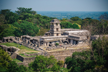 Fototapeta na wymiar Palenque Maya ruins surrounded by rainforest. It is located near the Usumacinta Riverin the Mexican state of Chiapas south of Ciudad del Carmen