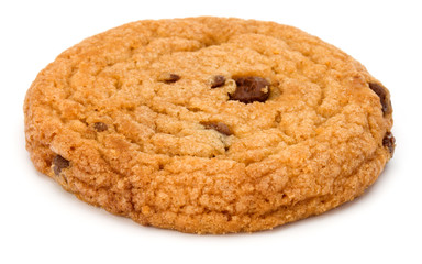 One Chocolate chip cookie isolated on white background. Sweet biscuit. Homemade pastry.