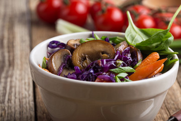 Stewed vegetables bowl  with cabbage, carrot and mushrooms