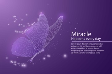 Naklejka na ściany i meble Butterfly composed of honeycomb. Low poly vector illustration of a star sky or space or underwater. The landing page or banner lines, dots and shapes. Wireframe technology light connection structure.