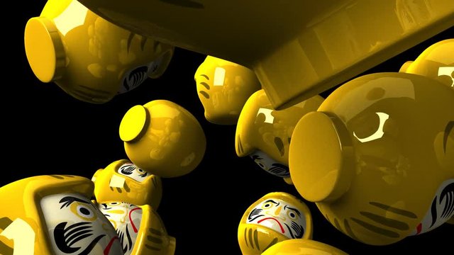 Yellow daruma dolls on black background.3DCG render animation.