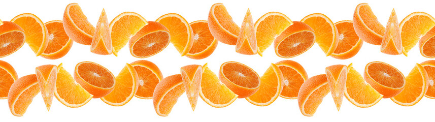 Orange fruit seamless pattern. Orange segments isolated on white background. Food background. Line arrangement.