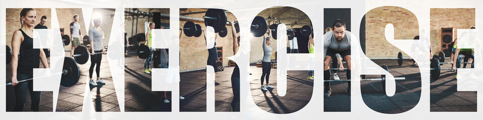 Collage of fit people exercising with weights in a gym