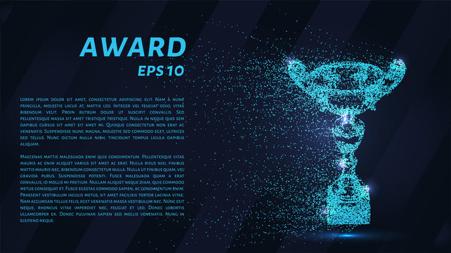 Award of blue glowing dots. Sports Cup of particles. Vector illustration.