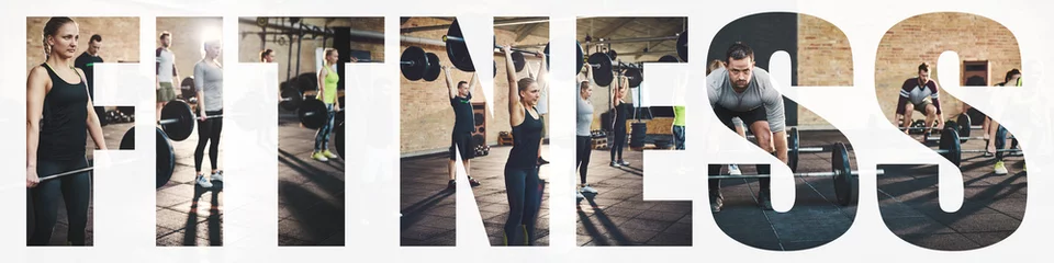 Fotobehang Collage van fitte mensen die zware gewichten optillen in een sportschool © Flamingo Images