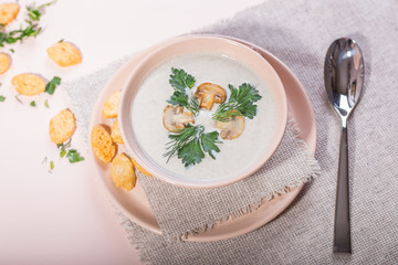 champignon puree soup on a plain beige table. Nearby is a tablespoon and scattered delicacy crackers