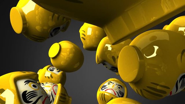 Yellow daruma dolls on black background.3DCG render animation.