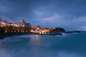 Biarritz coastline with the moving sea hitting the capital of the basque surf, at North Basque Country.