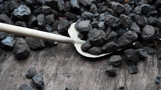 Shovel and coal. A pile of brown coal with a shovel, lignite storage.
