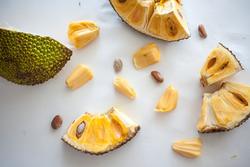 Ripe Jackfruit pieces isolated on white top view