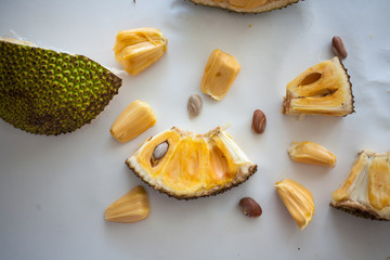 Ripe Jackfruit pieces isolated on white top view