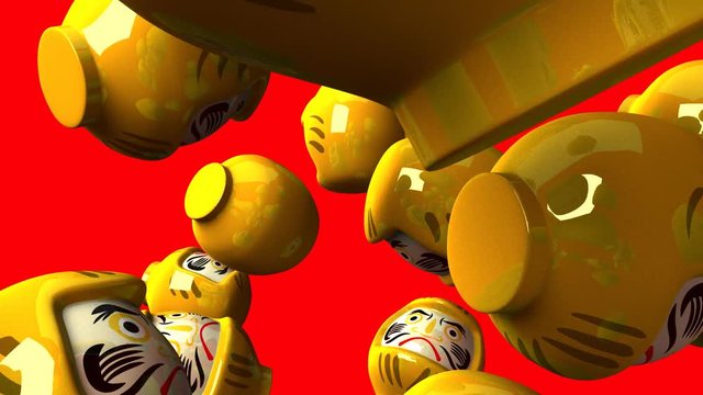 Yellow daruma dolls on red background.3DCG render animation.