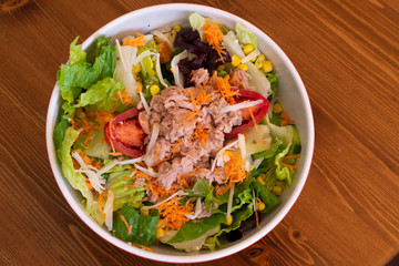 Tuna fish salad with cheese and fresh vegetables with isolated black background