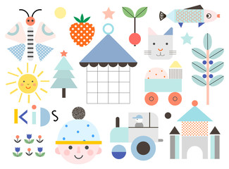Set of cute shapes and baby elements. Different creative and fun graphic items. Poster for kids. Vector
