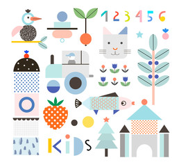 Set of cute shapes and baby elements. Different creative and fun graphic items. Poster for kids. Vector