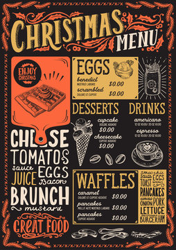 Christmas menu template for brunch on a blackboard.