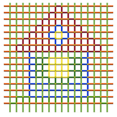 Colorful rural small house, volumetric checkered pattern