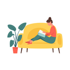 Young girl sitting in comfortable couch and and flipping through the magazine . Woman spending evening time at home. Colored vector illustration in flat cartoon style.