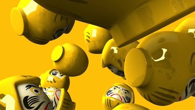 Yellow daruma dolls on yellow background.3DCG render animation.