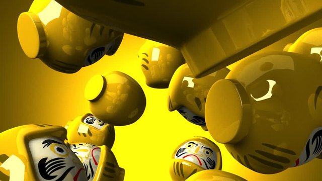 Yellow daruma dolls on yellow background.3DCG render animation.