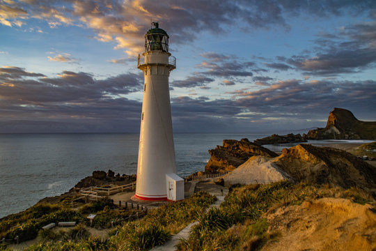 Travel New Zealand, North Island. Beautiful scenic landscape, panoramic view of Castlepoint Lighthouse. Tourist popular attraction/landmark in Wairarapa area.