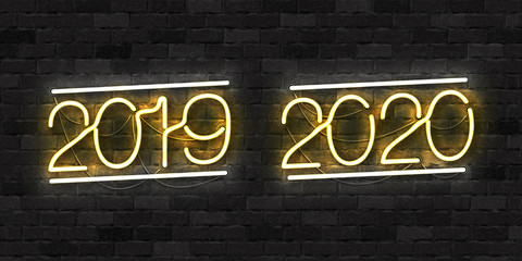 Vector realistic isolated neon sign of 2019 and 2020 year logo for decoration and covering on the wall background. Concept of Happy New Year and Merry Christmas.