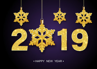 Happy New Year 2019 festive poster with golden shiny snowflakes.