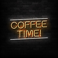 Vector realistic isolated neon sign of Coffee Time logo for decoration and covering on the wall background. Concept of cafe and coffee shop.
