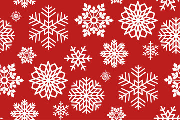 Red abstract seamless pattern with white beautiful snowflakes.