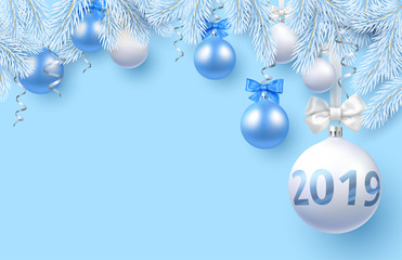 Blue Happy New Year 2019 poster with fir branches, Christmas balls and confetti.