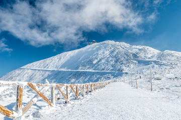 Fenced hiking path to Snezka mountain on a sunny day in winter, Giant mountains (Krkonose), Czech republic