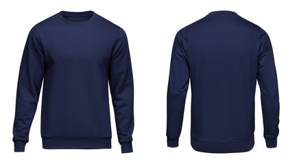 Blank template mens blue pullover long sleeve, front and back view, isolated on white background....