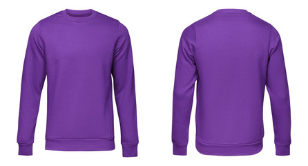 Blank template mens purple sweatshirt long sleeve, front and back view, isolated on white...