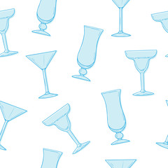 Seamless pattern with hand drawn glasses for cocktails Margarita, Dry Martini, Tequila Sunrise. Vector summer background for design, Website, Background, Banner, Menu, Template, print, decor.
