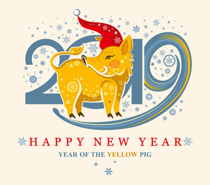 Cute card with a yellow Pig Boar in the Santa Cap and snowflakes. New Year's design. 2019
