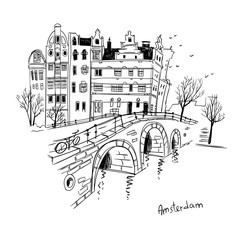Vector sketch of Amsterdam city. Line drawing
