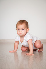 Fototapeta premium little baby girl crawling on the floor