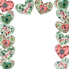 Watercolor banner of multicolored hearts, with unusual pattern isolated on white background with blue flower and green leaves, hand painted for beautiful design for Valentine's day and new year.