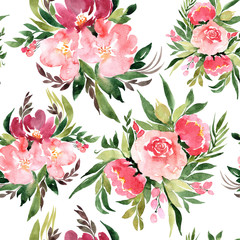 Watercolor seamless pattern with bright flowers. Summer decoration print for wrapping, wallpaper, fabric.