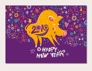 Beautiful New Years card with a cartoon yellow boar symbol of 2019 on the Chinese calendar. Year of the Pig 2019. Cute yellow pig on a dark purple richly decorated background.
