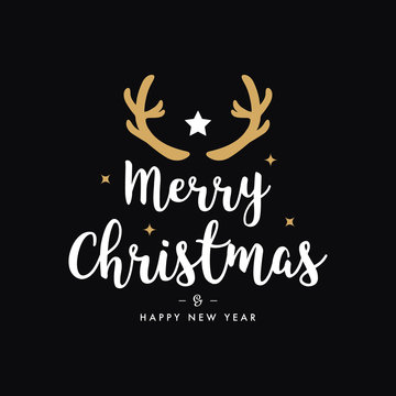 Merry Christmas Greeting Gold  Deer Antlers Black Background