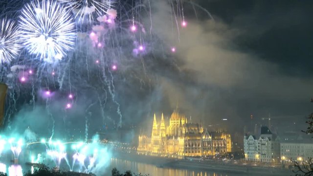 Budapest, Hungary. Fireworks near the Parliament of Budapest on the Danube river on the Day of the city