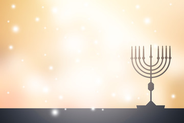 black silhouette illustration of candlestick menorah on blur golden color gradient background with bulbs light for hanukkah tradition al festival season concept