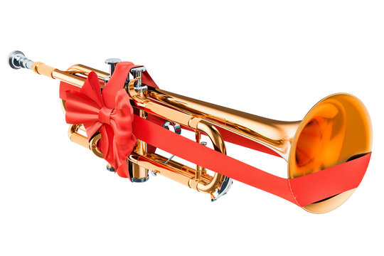 Trumpet with bow and ribbon, gift concept. 3D rendering