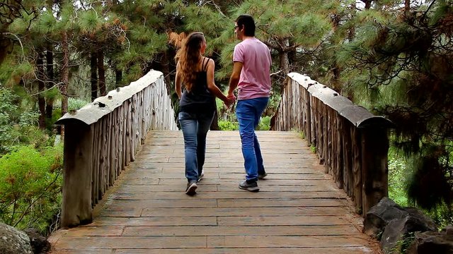 Young couple holding hands walk towards park bridge and turn around. Happy man and woman enjoying the beauty of Jardin Canario in Las Palmas, Spain. Love, romantic concepts