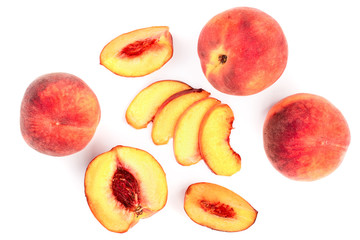 ripe peaches isolated on white background. Top view. Flat lay pattern